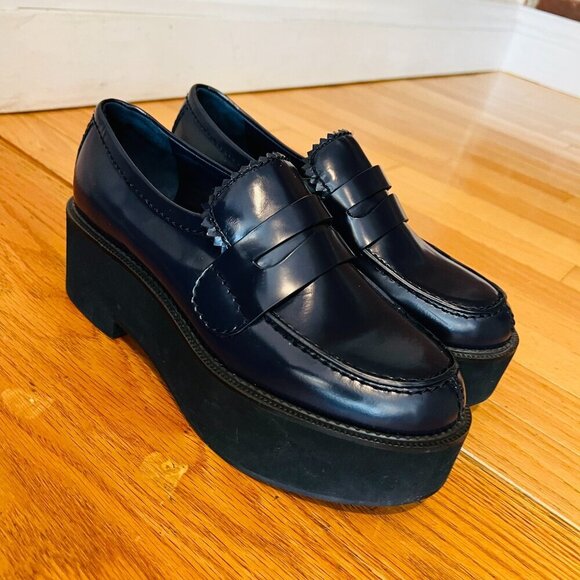 Jil Sander Navy Blue Leather Platform Shoes Eur 38.5 US 8 Chunky Loafers - Picture 1 of 15